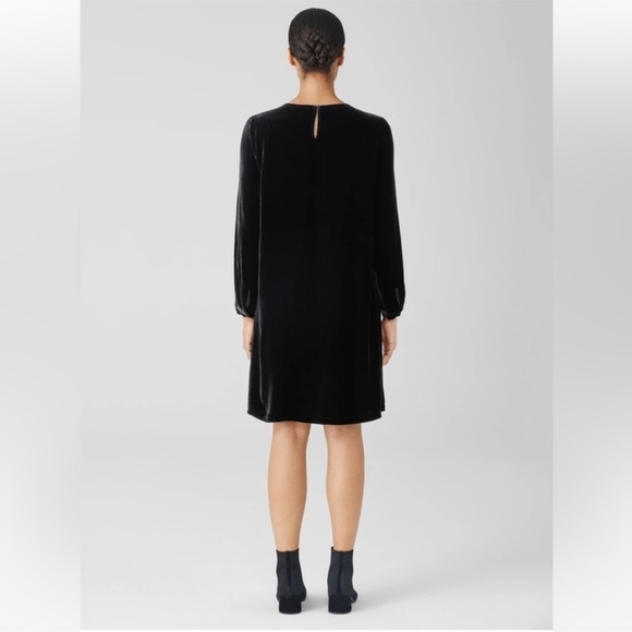 EILEEN FISHER CREW NECK VELVET DRESS KNEE-LENGTH SILK BLACK XXS $348 NEW - Picture 3 of 14